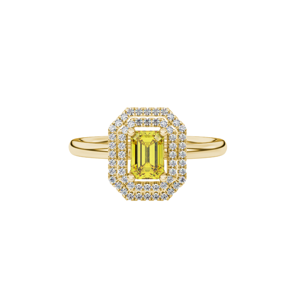 Emerald cut yellow gemstone double halo ring with octagonal diamond frame in gold
