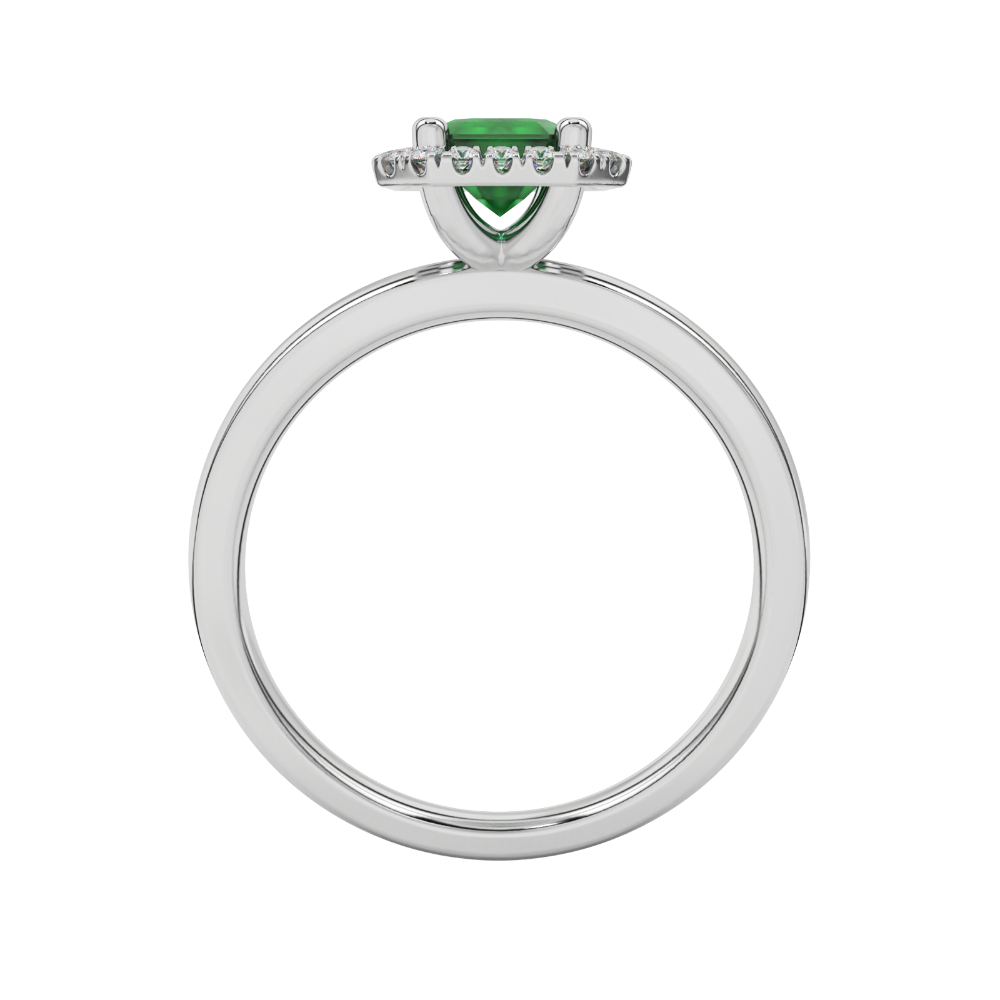 Green emerald cut gemstone halo ring with split shank band and diamond accents