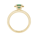 Green emerald cut gemstone halo ring with split shank band and diamond accents
