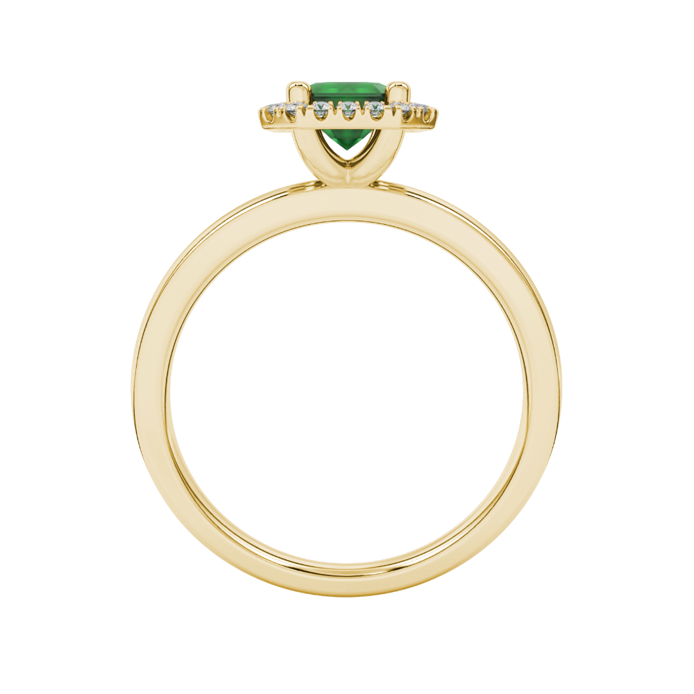 Green emerald cut gemstone halo ring with split shank band and diamond accents