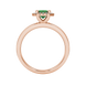 Green emerald cut gemstone halo ring with split shank band and diamond accents