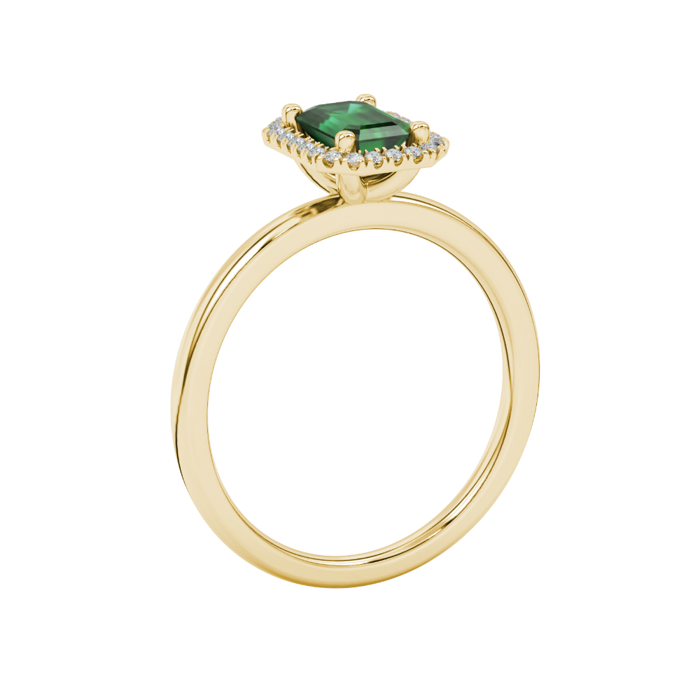 Green emerald cut gemstone halo ring with split shank band and diamond accents