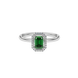 Green emerald cut gemstone halo ring with split shank band and diamond accents