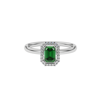 Emerald Green emerald cut halo gemstone ring in White Gold