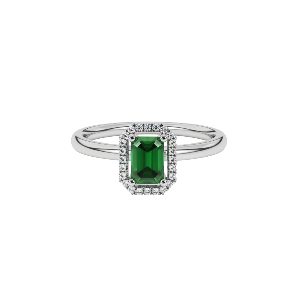 Green emerald cut gemstone halo ring with split shank band and diamond accents