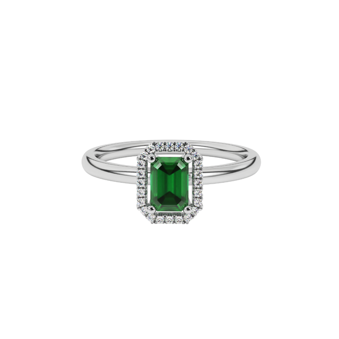 Green emerald cut gemstone halo ring with split shank band and diamond accents