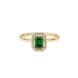 Green emerald cut gemstone halo ring with split shank band and diamond accents