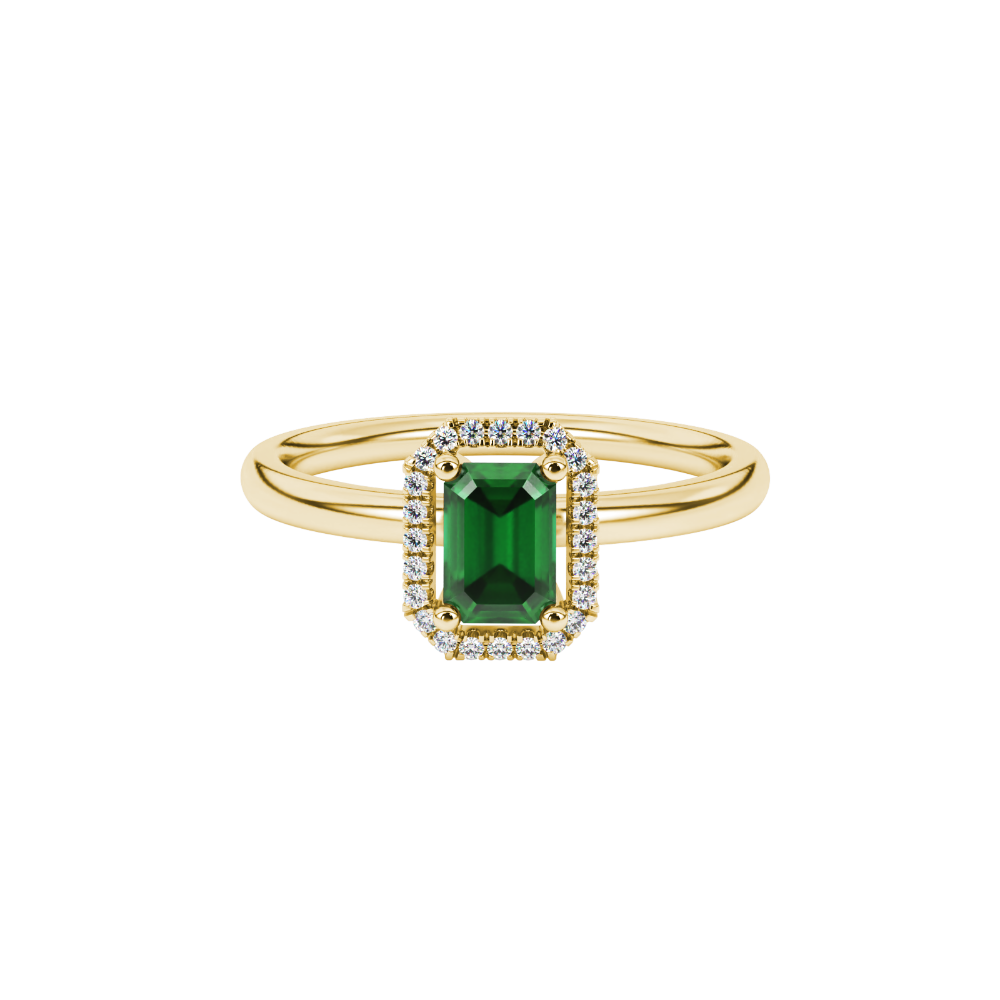 Green emerald cut gemstone halo ring with split shank band and diamond accents