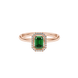 Green emerald cut gemstone halo ring with split shank band and diamond accents