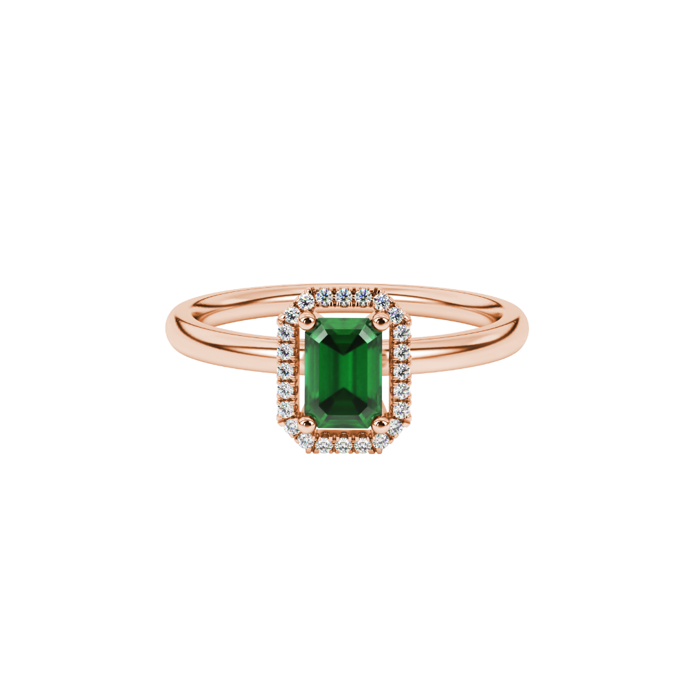 Green emerald cut gemstone halo ring with split shank band and diamond accents