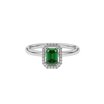 Green emerald cut gemstone halo ring with split shank band and diamond accents