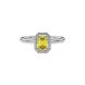 Yellow emerald cut gemstone halo ring with split shank band and diamond accents