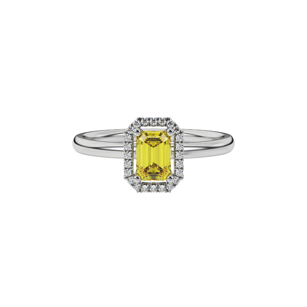 Yellow emerald cut gemstone halo ring with split shank band and diamond accents