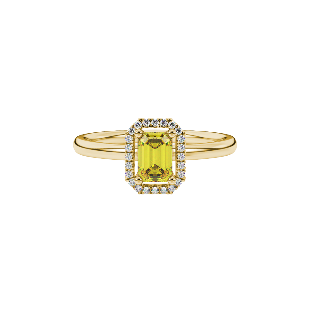 Yellow emerald cut gemstone halo ring with split shank band and diamond accents