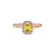 Yellow emerald cut gemstone halo ring with split shank band and diamond accents