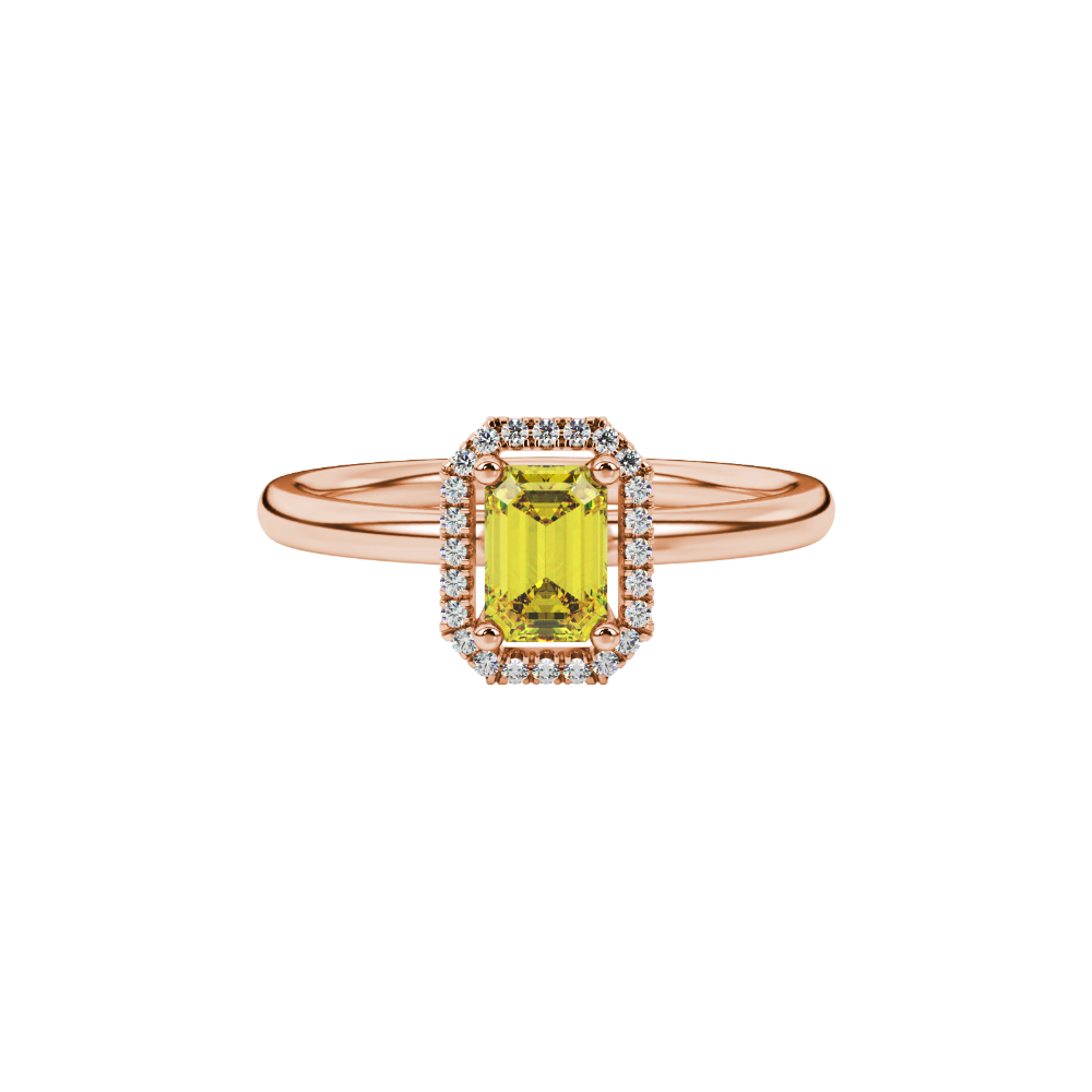 Yellow emerald cut gemstone halo ring with split shank band and diamond accents