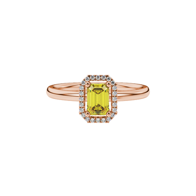 Yellow emerald cut gemstone halo ring with split shank band and diamond accents