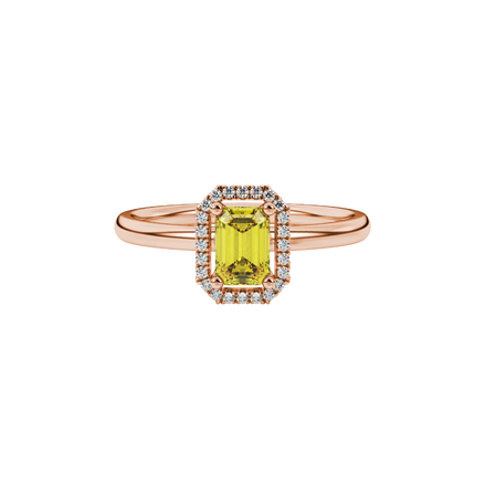 Yellow emerald cut gemstone halo ring with split shank band and diamond accents
