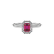 Red emerald cut gemstone halo ring with split shank band and diamond accents