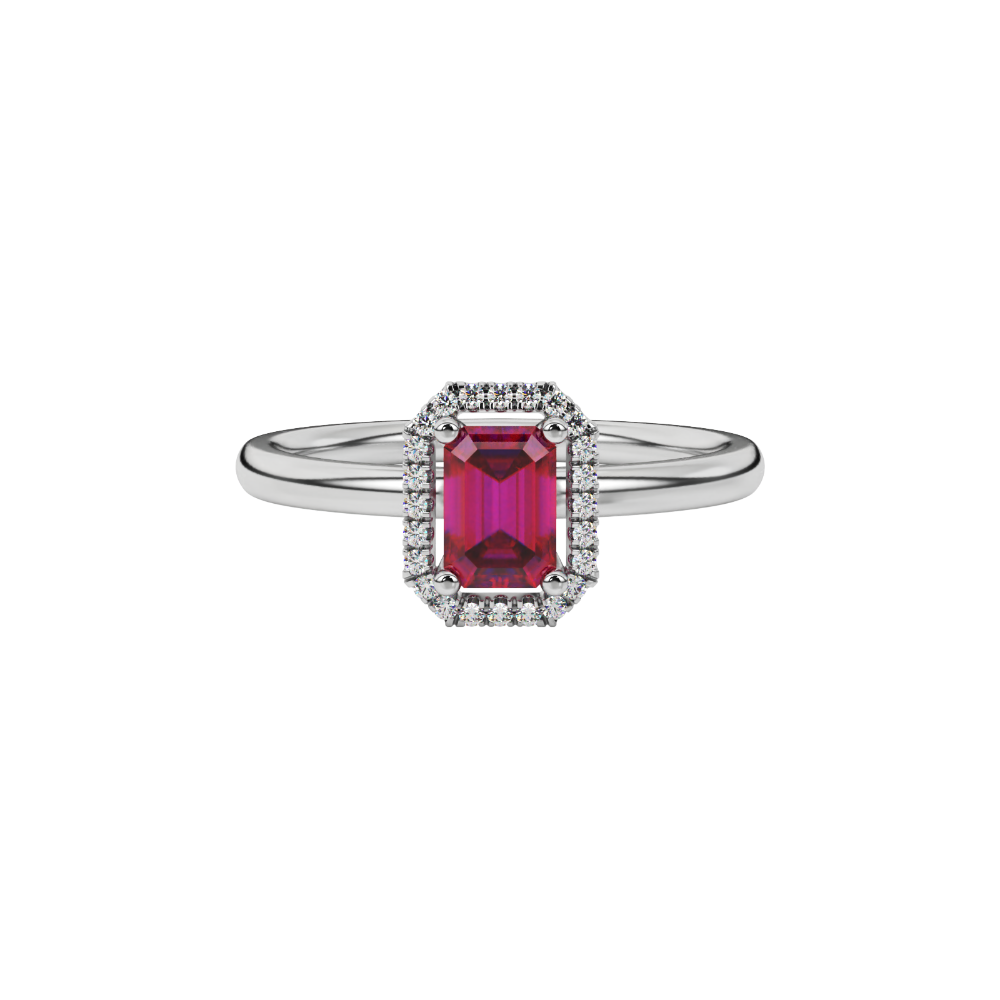 Red emerald cut gemstone halo ring with split shank band and diamond accents