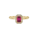 Red emerald cut gemstone halo ring with split shank band and diamond accents
