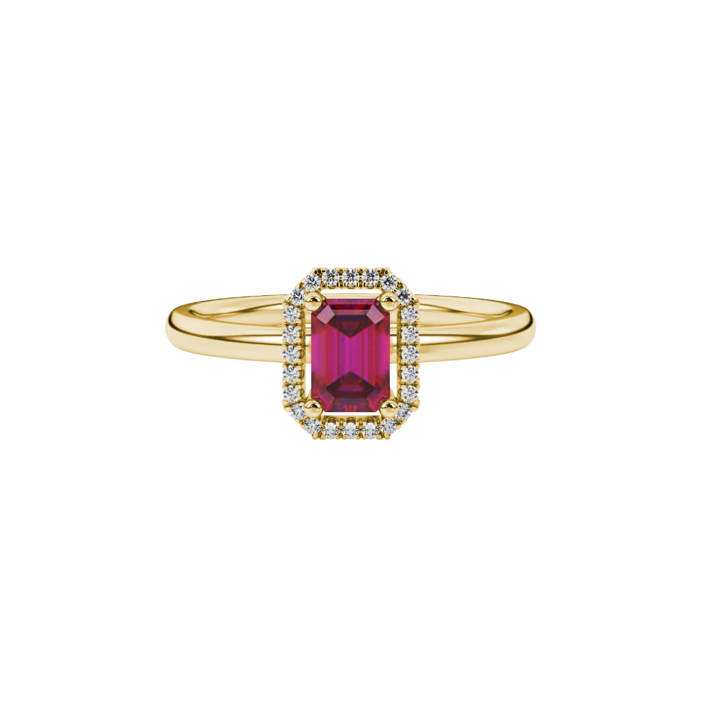Red emerald cut gemstone halo ring with split shank band and diamond accents