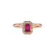 Red emerald cut gemstone halo ring with split shank band and diamond accents