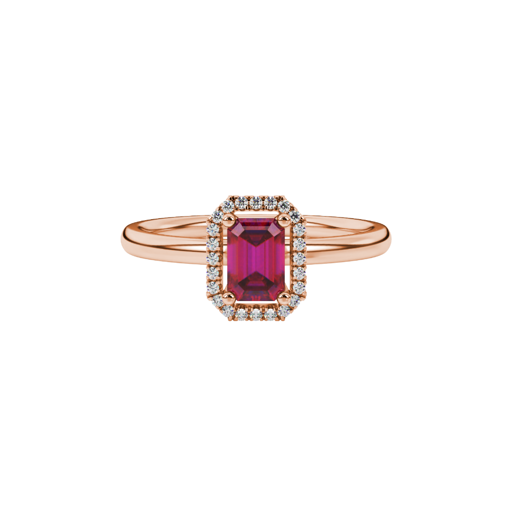 Red emerald cut gemstone halo ring with split shank band and diamond accents