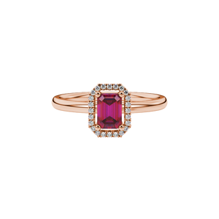Raspberry Red emerald cut halo gemstone ring in Rose Gold
