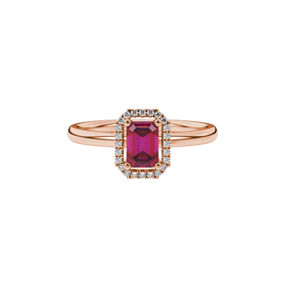 Red emerald cut gemstone halo ring with split shank band and diamond accents