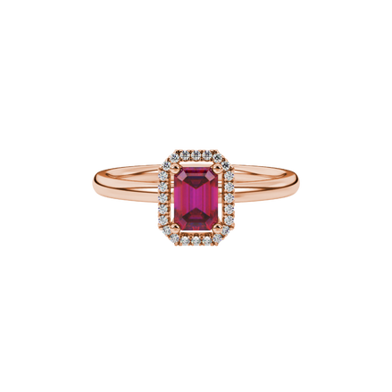 Red emerald cut gemstone halo ring with split shank band and diamond accents