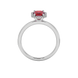 Red emerald cut gemstone halo ring with split shank band and diamond accents