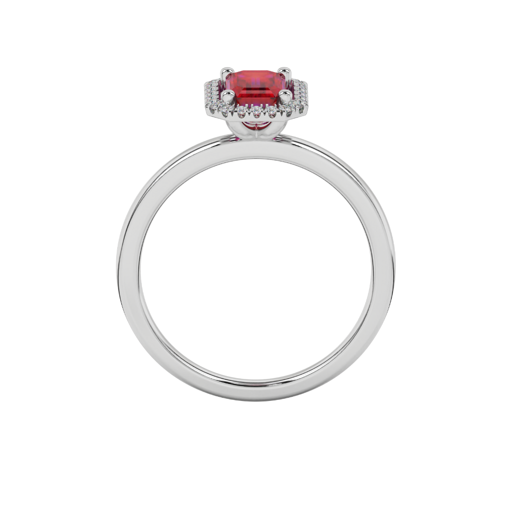 Red emerald cut gemstone halo ring with split shank band and diamond accents