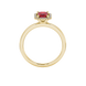 Red emerald cut gemstone halo ring with split shank band and diamond accents