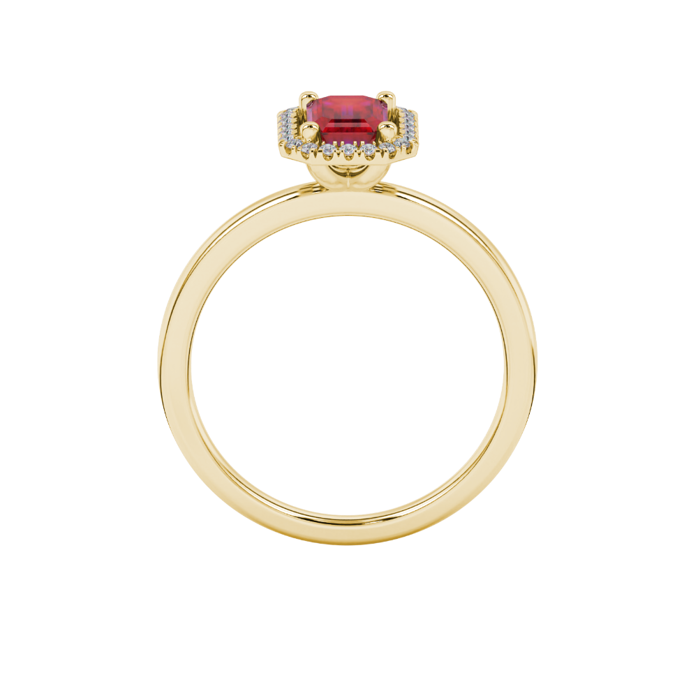 Red emerald cut gemstone halo ring with split shank band and diamond accents