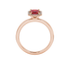 Red emerald cut gemstone halo ring with split shank band and diamond accents