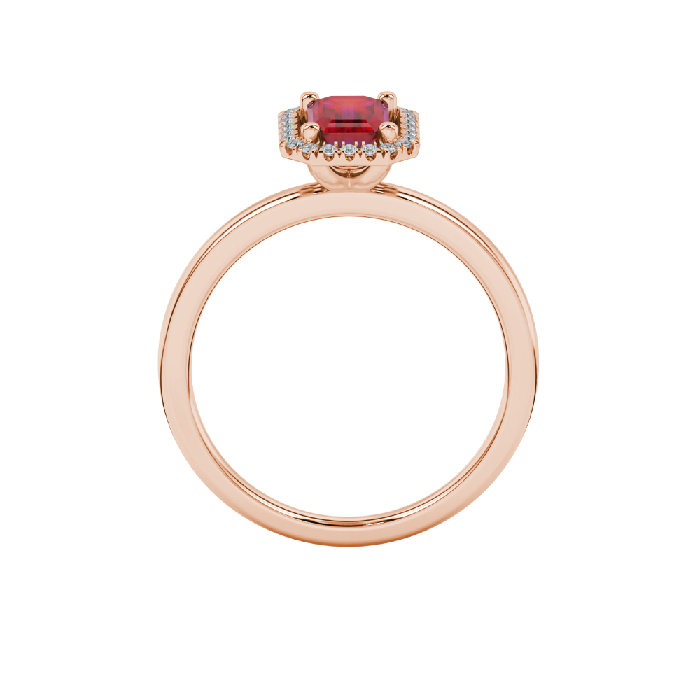 Red emerald cut gemstone halo ring with split shank band and diamond accents
