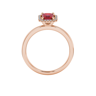 Raspberry Red emerald cut halo gemstone ring in Rose Gold
