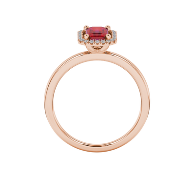 Red emerald cut gemstone halo ring with split shank band and diamond accents