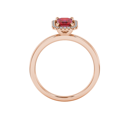 Red emerald cut gemstone halo ring with split shank band and diamond accents