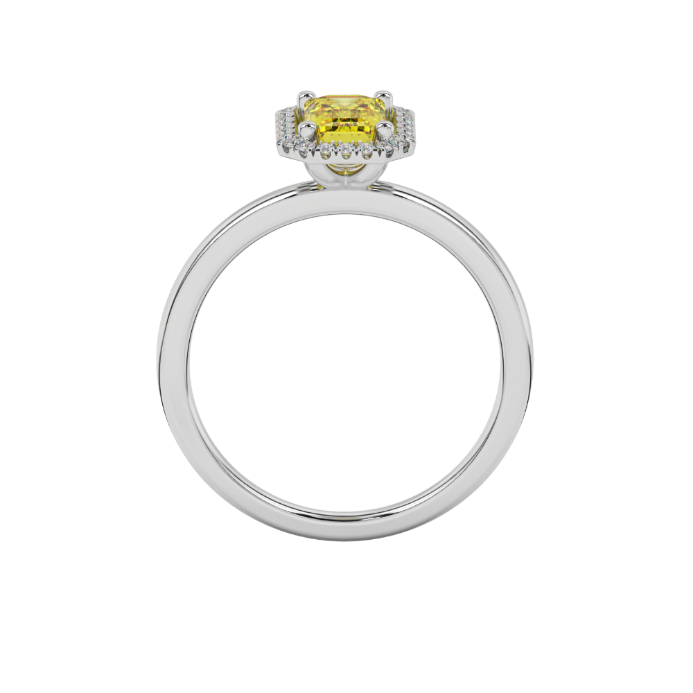 Yellow emerald cut gemstone halo ring with split shank band and diamond accents