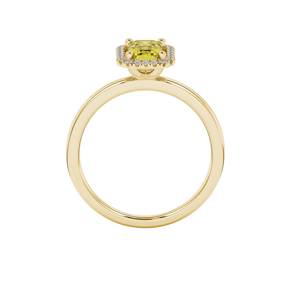 Yellow emerald cut gemstone halo ring with split shank band and diamond accents