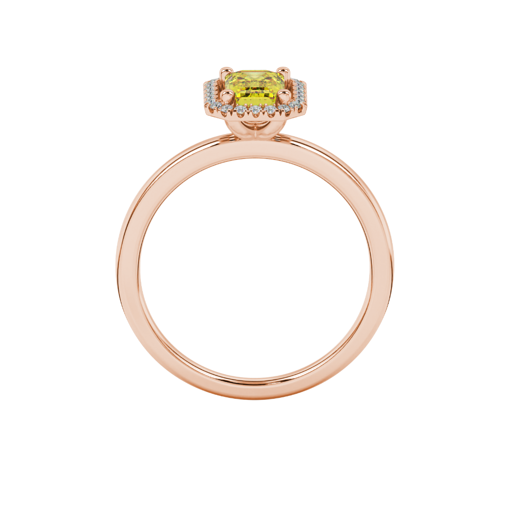 Yellow emerald cut gemstone halo ring with split shank band and diamond accents