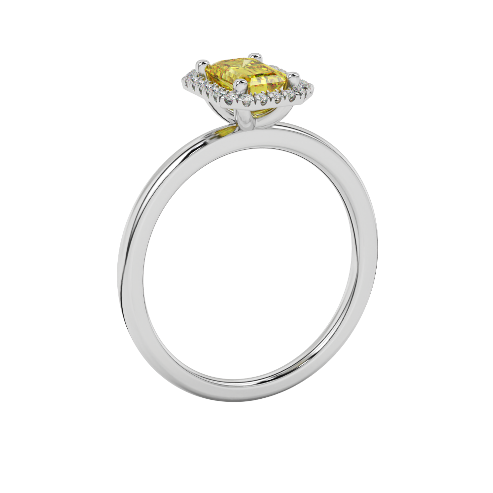 Yellow emerald cut gemstone halo ring with split shank band and diamond accents