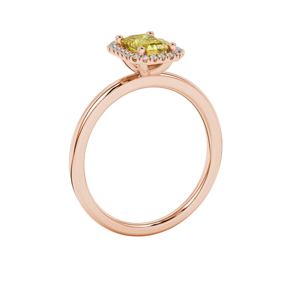 Yellow emerald cut gemstone halo ring with split shank band and diamond accents