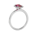 Red emerald cut gemstone halo ring with split shank band and diamond accents