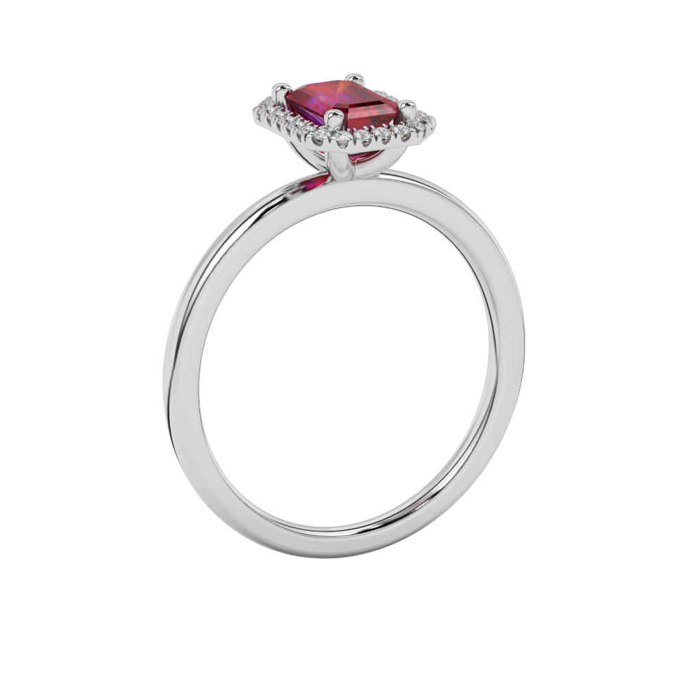 Red emerald cut gemstone halo ring with split shank band and diamond accents