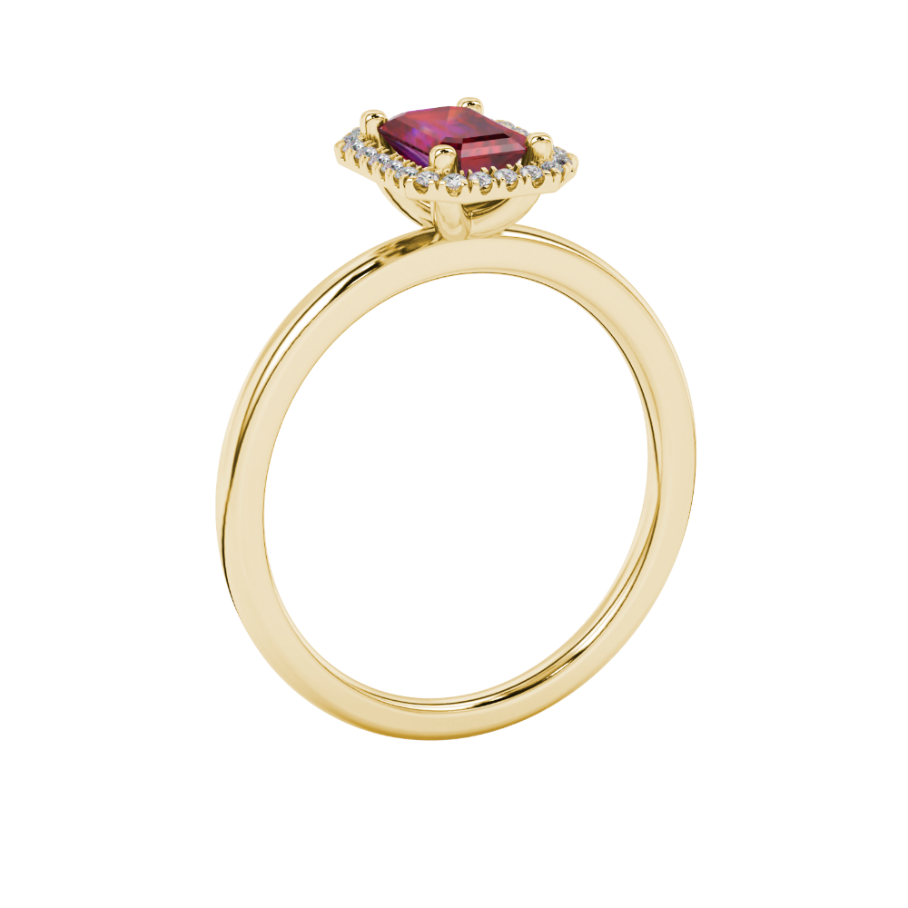 Red emerald cut gemstone halo ring with split shank band and diamond accents