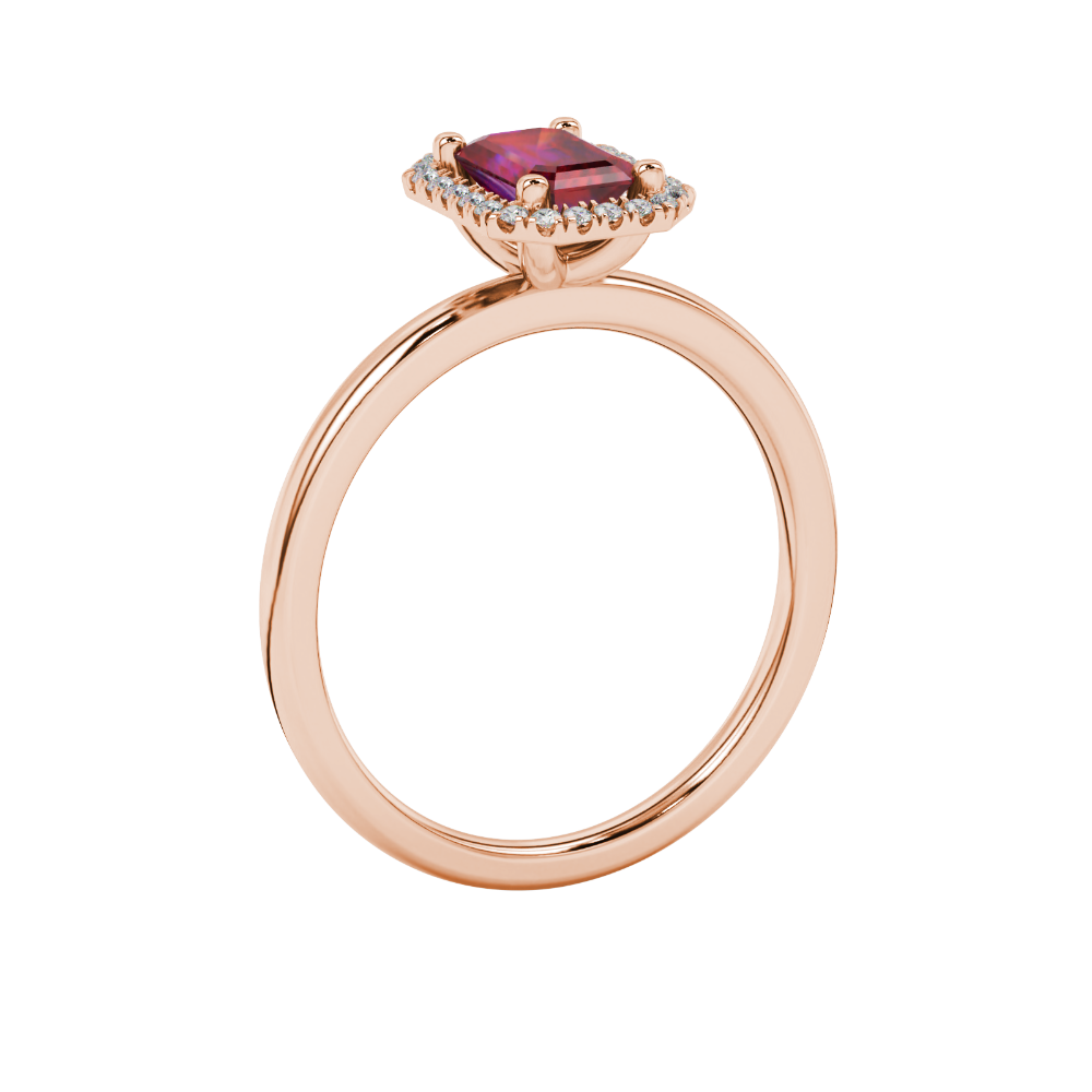 Red emerald cut gemstone halo ring with split shank band and diamond accents