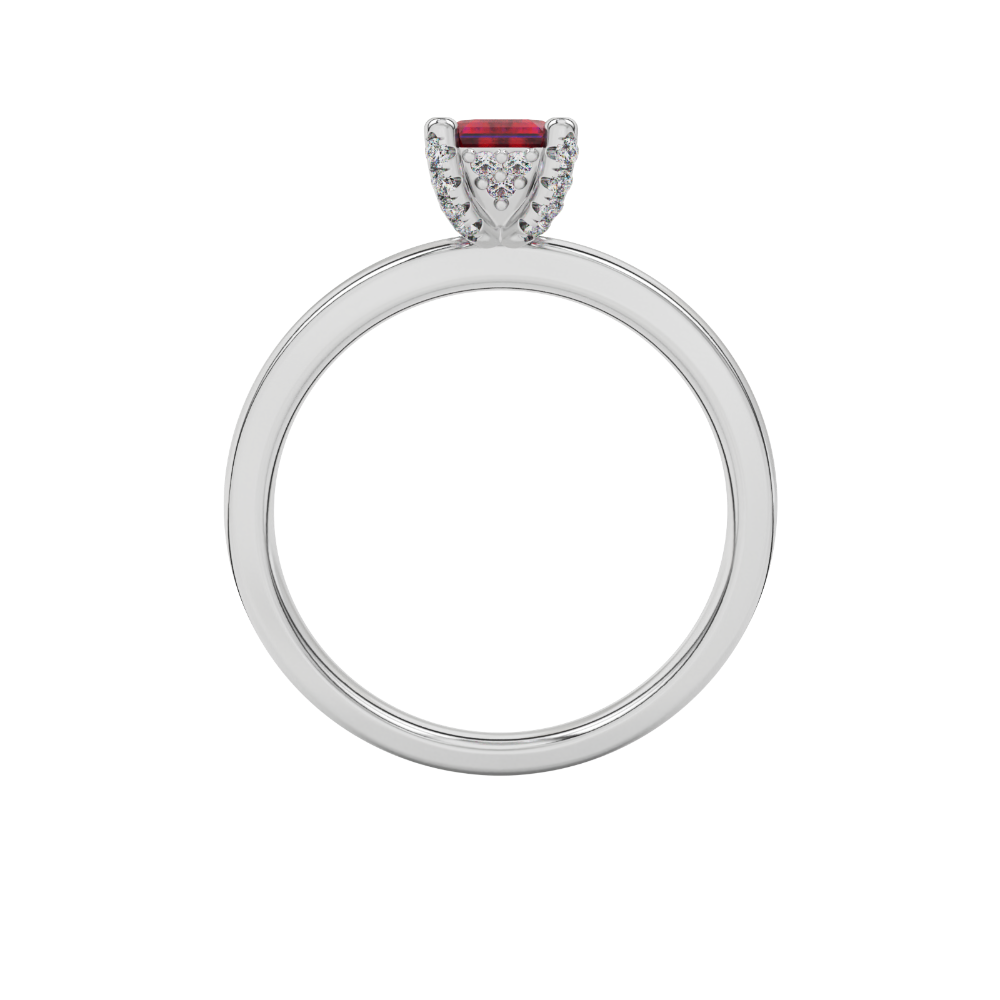 Emerald cut red gemstone halo ring with sparkling round diamond halo in rose gold